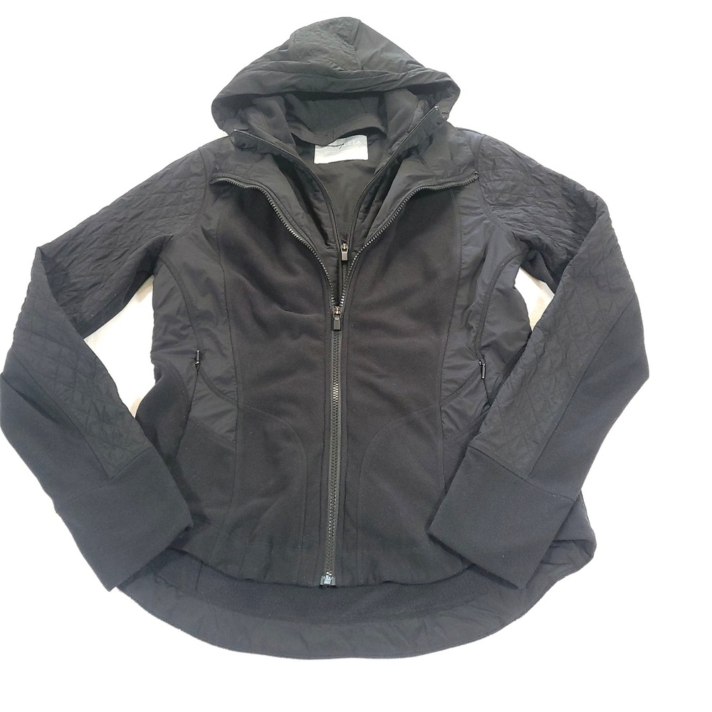Athleta cold front hybrid Jacket M Black brushed technical fleece removable hood